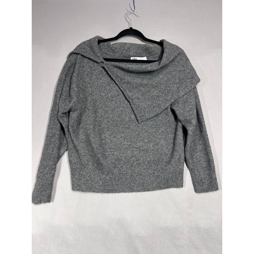 Zara Gray Asymmetrical Fold Over Collar Knit Sweater Soft Cozycore Pullover